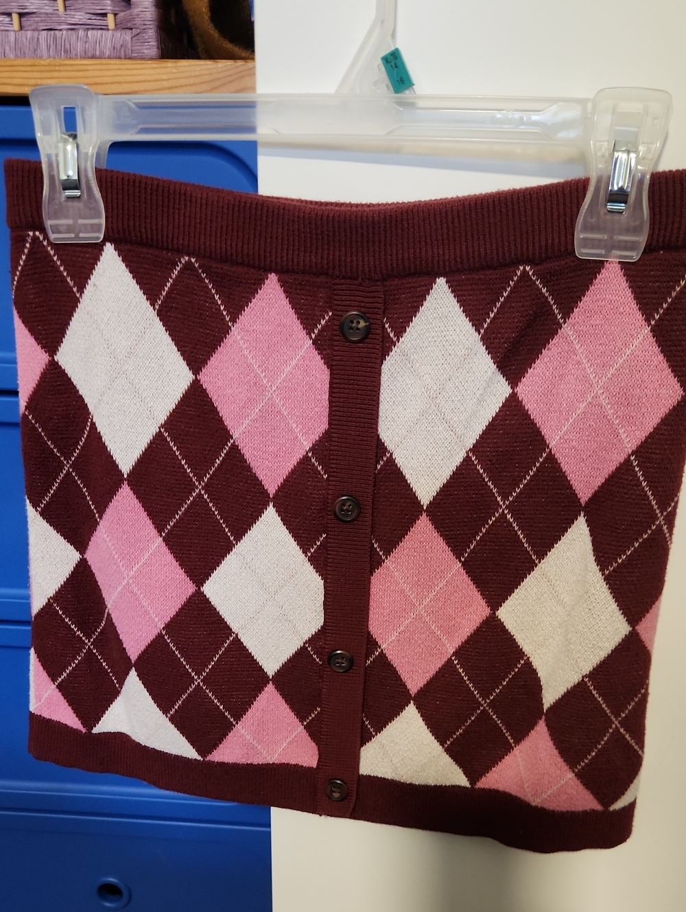Old Navy Pink & Burgundy Argyle Button-Front Mini Skirt